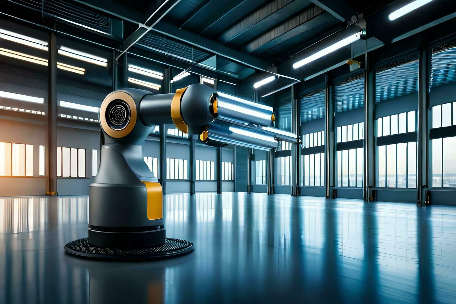 a robot in a large warehouse with a lot of lights. AI-Generated photo