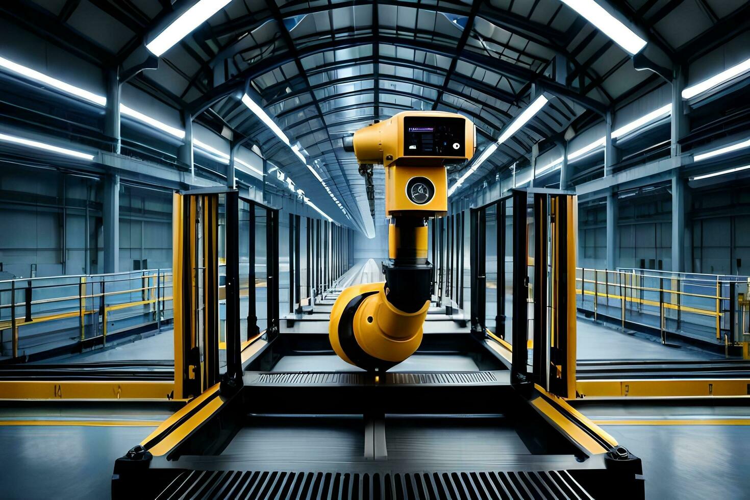 a robot is standing in a large warehouse. AI-Generated photo