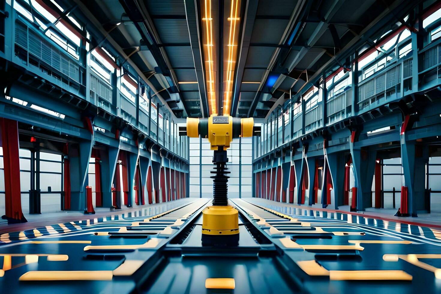 a robot is standing in a large warehouse. AI-Generated photo