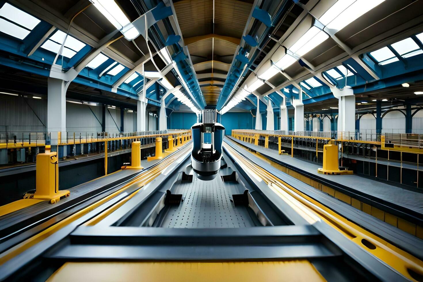 un largo transportador cinturón en un depósito. generado por ai foto