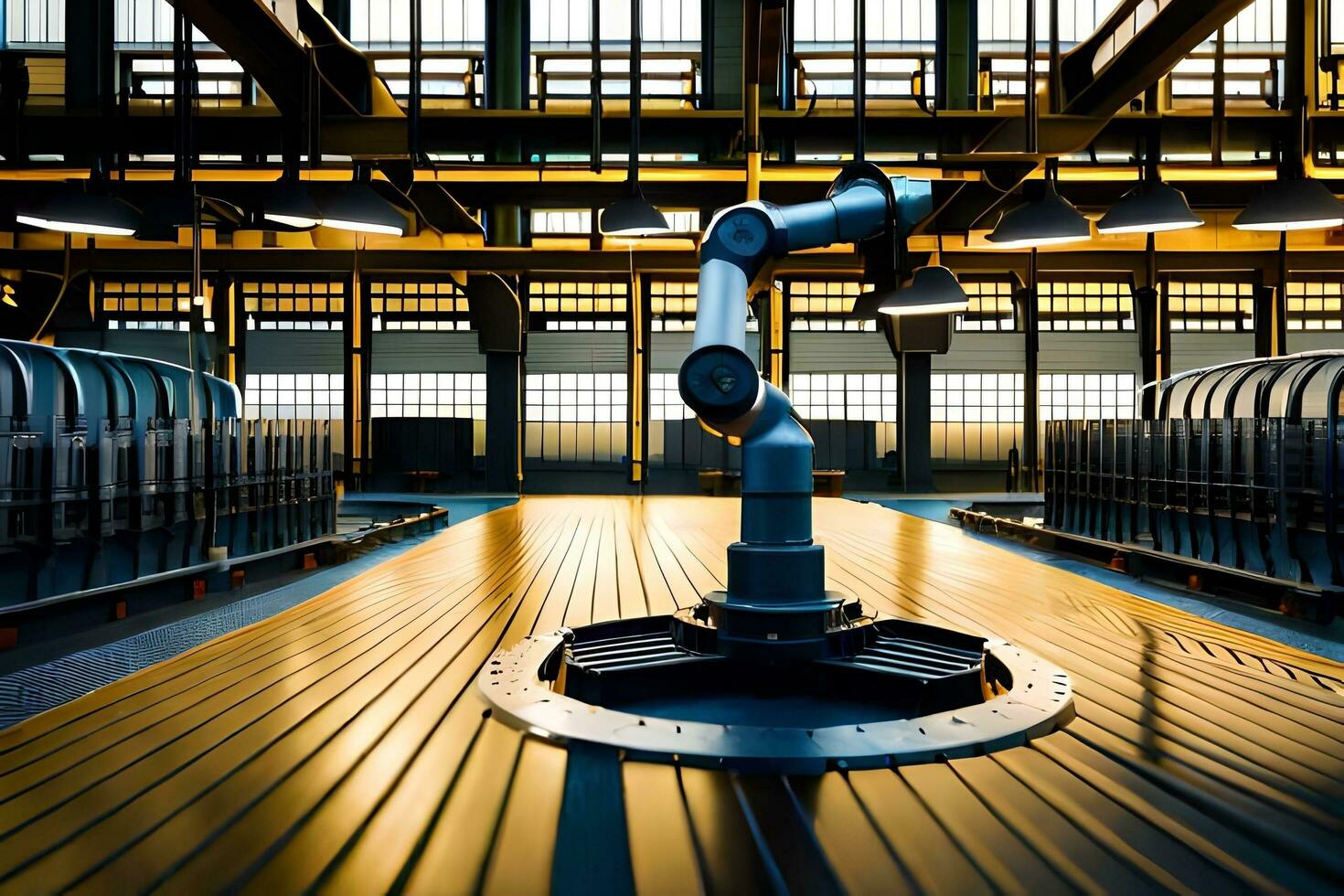 a robot is standing in a factory with a lot of machines. AI-Generated photo