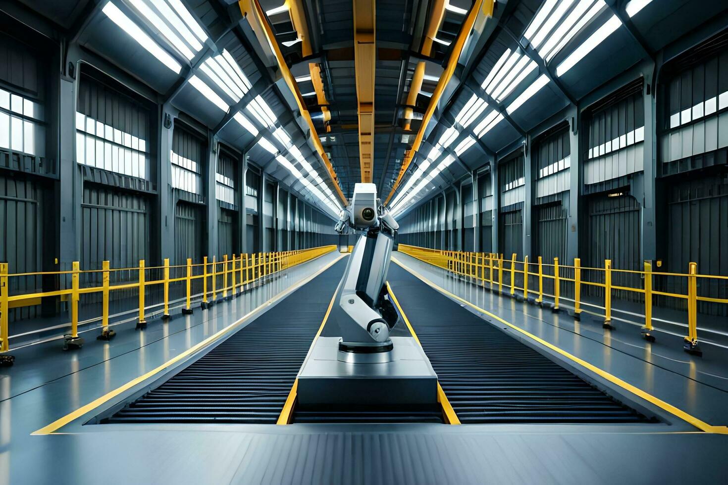 a robot is standing in a large warehouse. AI-Generated photo