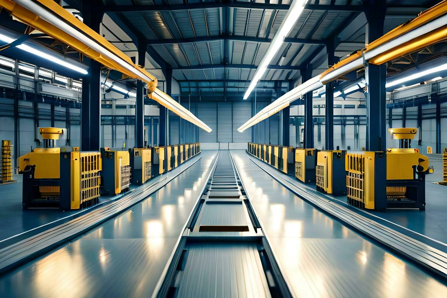 a long, empty warehouse with yellow and black conveyor belts. AI-Generated photo