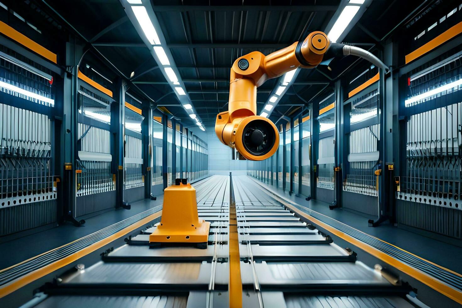 a robotic arm is standing in a warehouse. AI-Generated photo