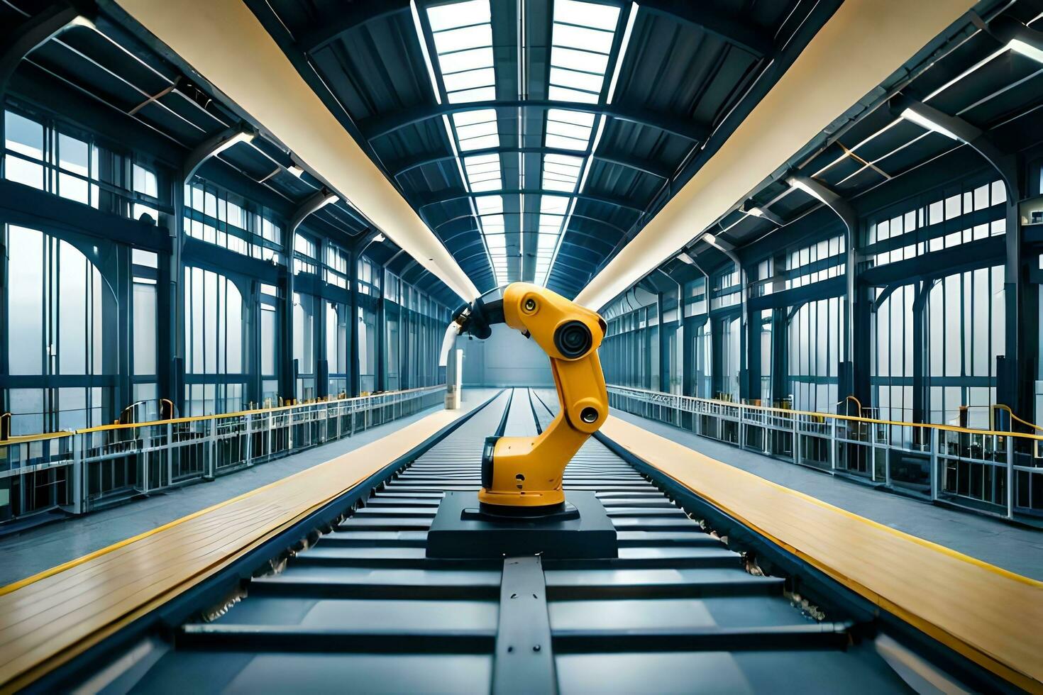 a yellow robot is standing on a train track. AI-Generated photo