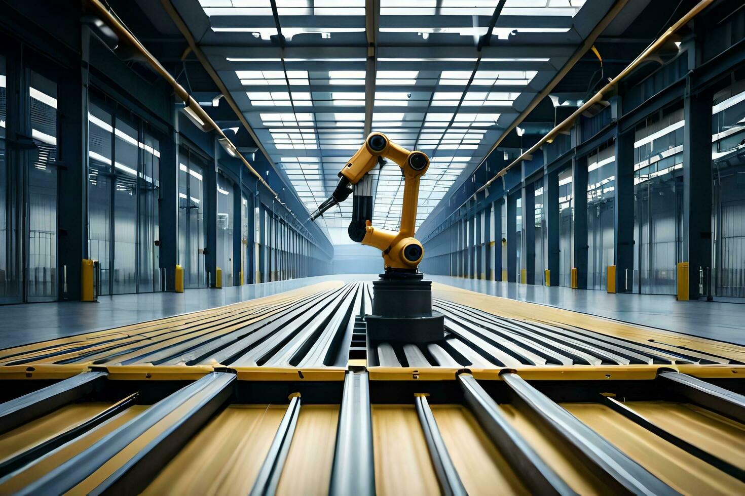 a robotic arm is standing in a warehouse. AI-Generated photo
