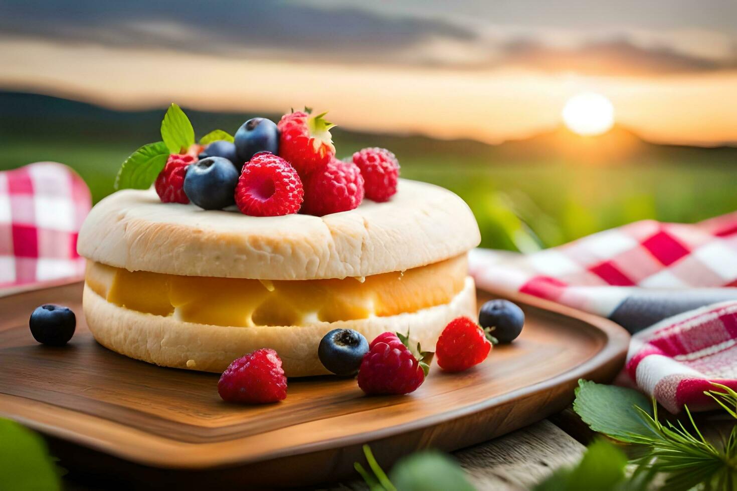 a cake with berries and cream on a wooden table. AI-Generated photo