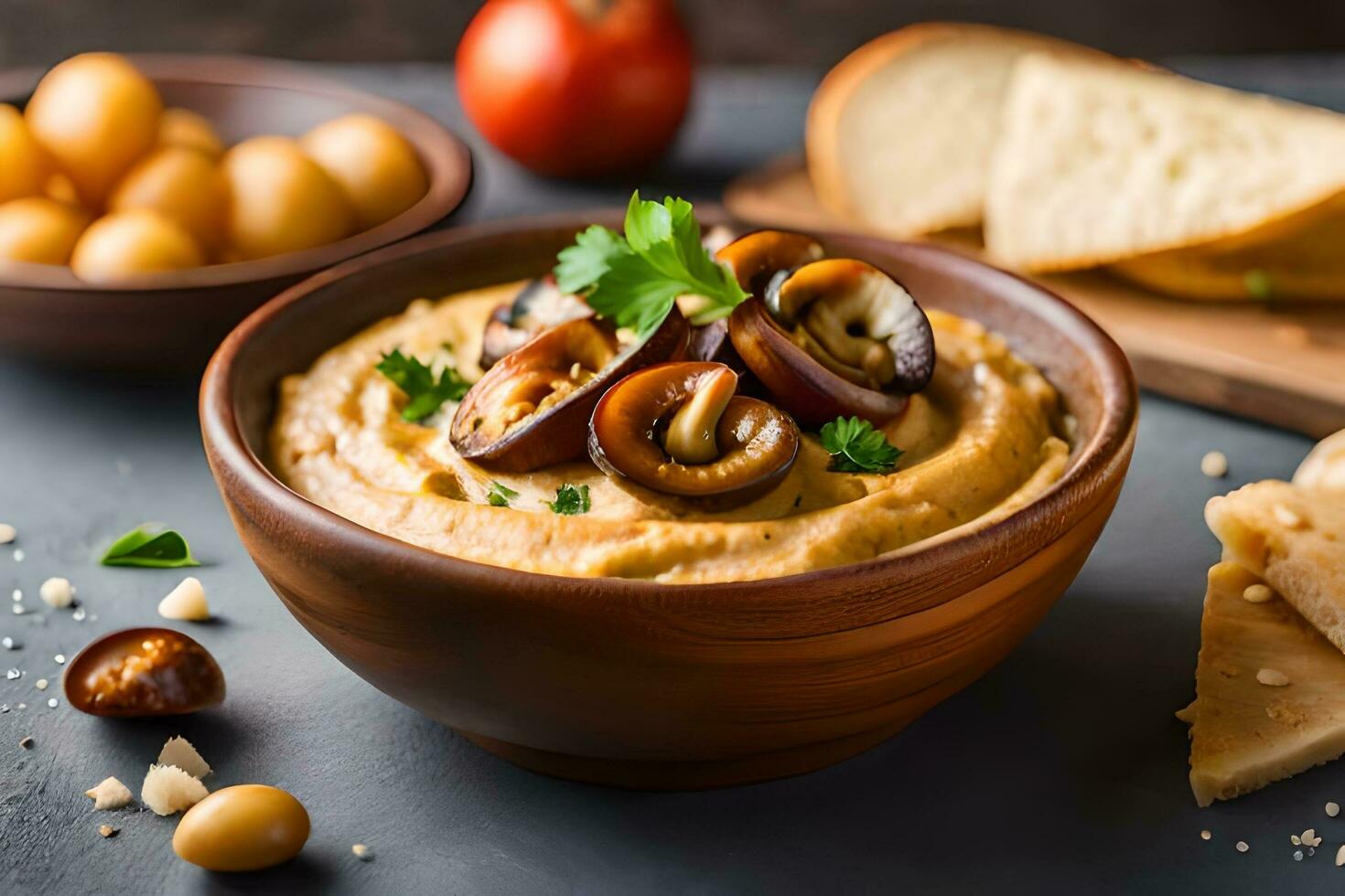 hummus with olives and bread on a dark background. AI-Generated photo