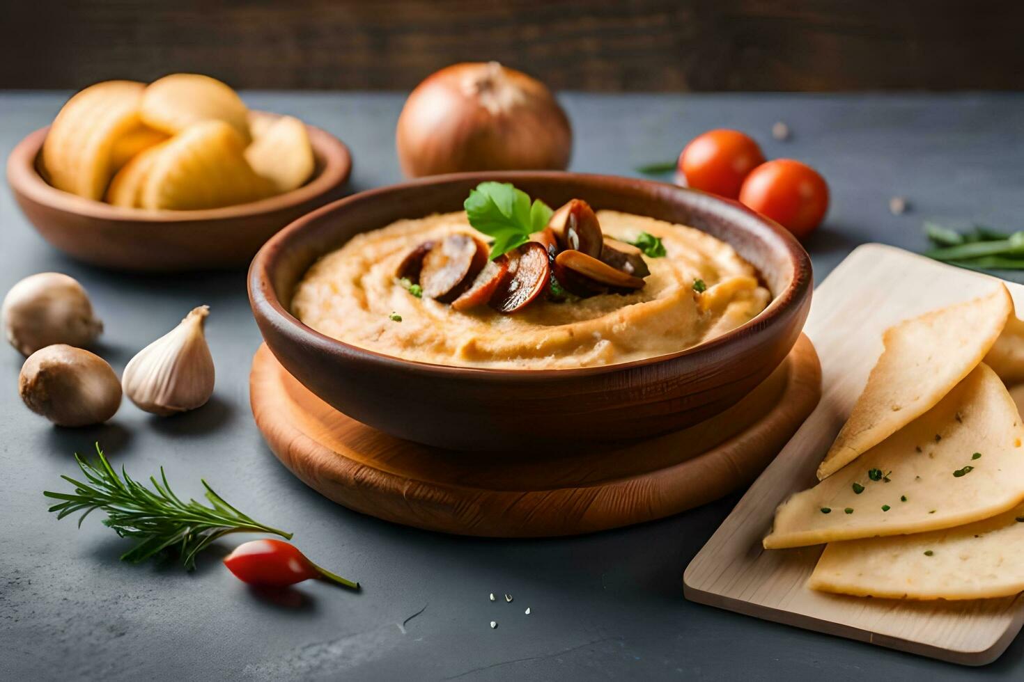 mushroom and cheese dip in a bowl with crackers and tomatoes on a dark background. AI-Generated photo