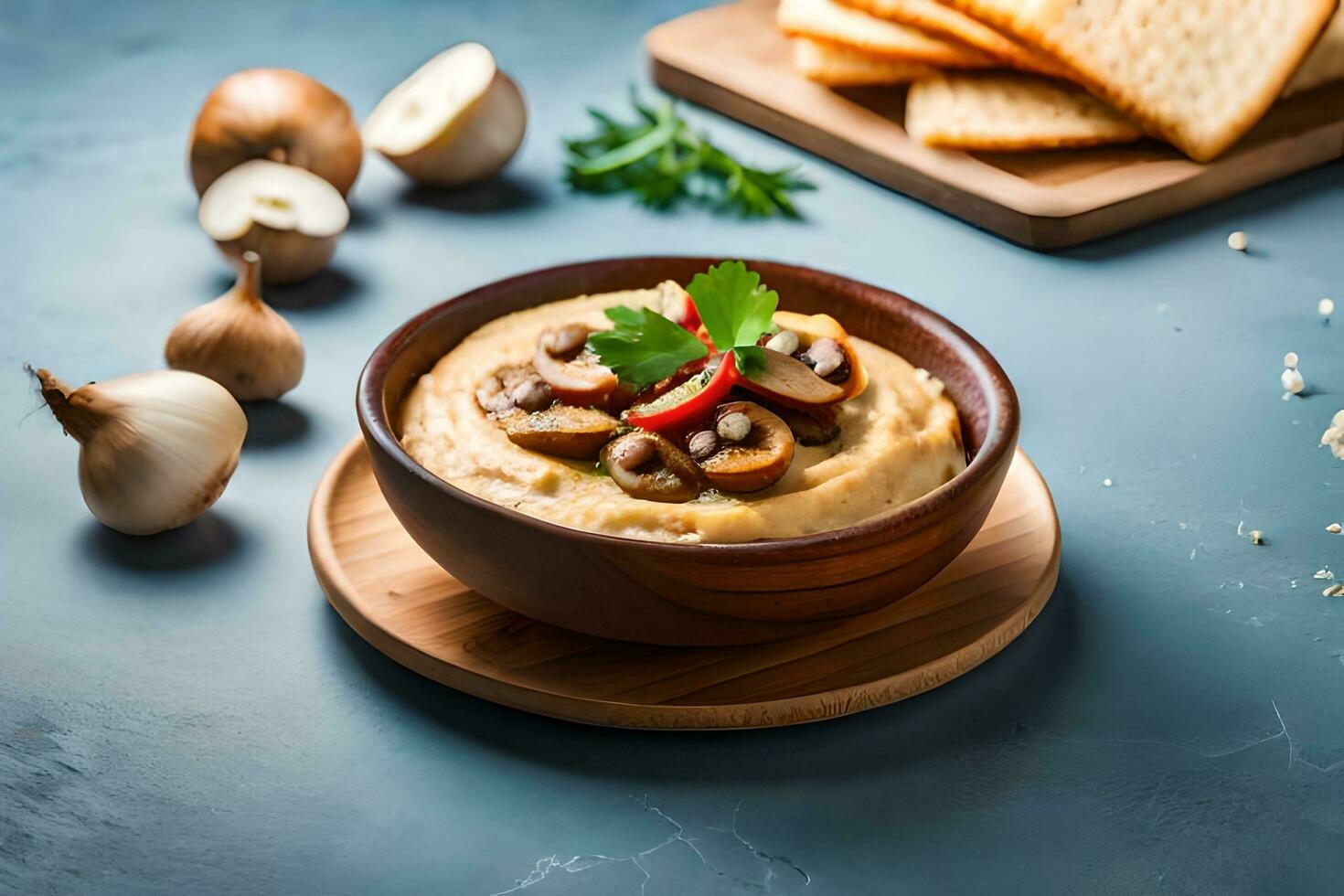 mushroom and cheese dip in a bowl on a table with crackers and garlic. AI-Generated photo