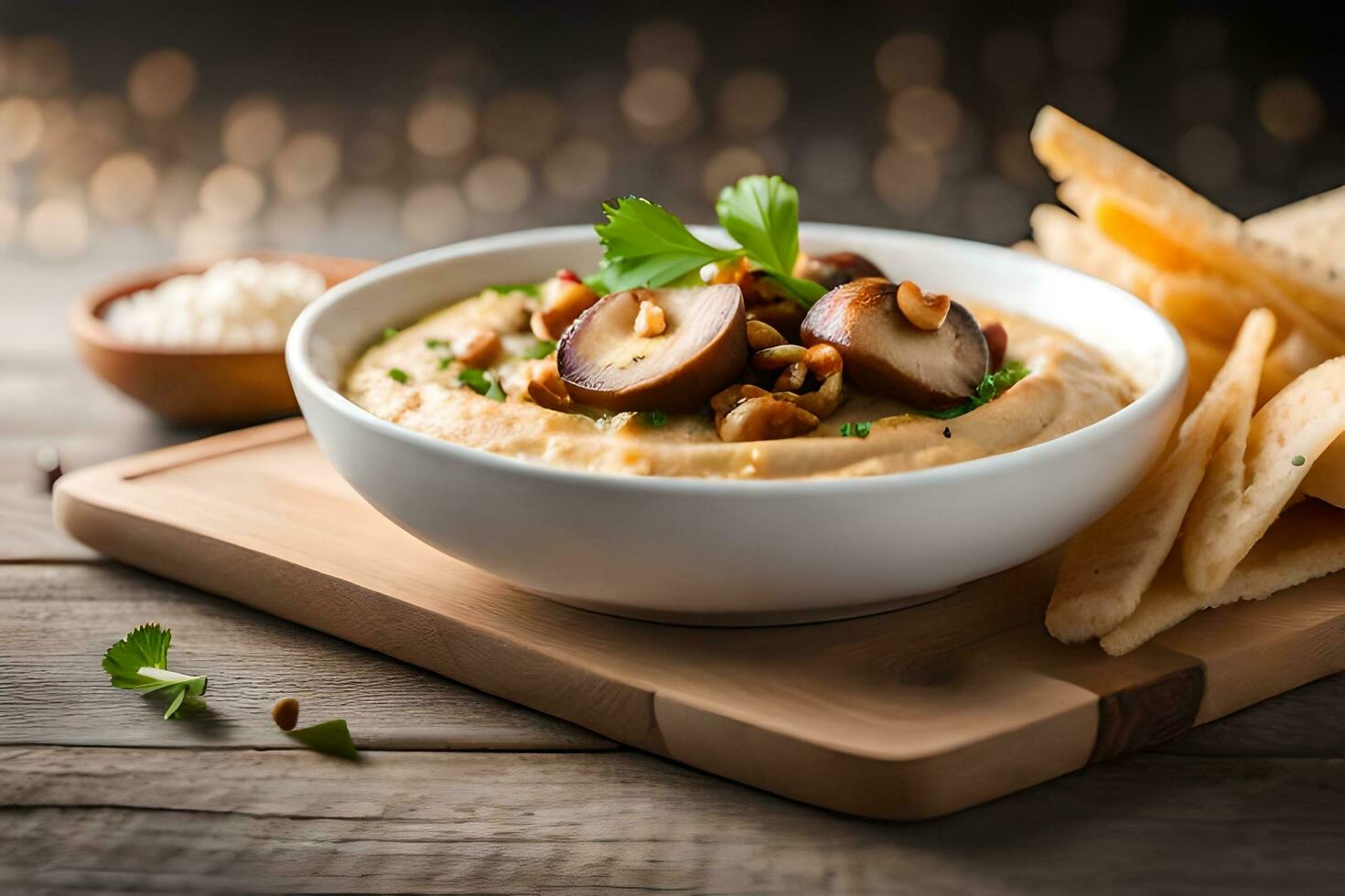 mushroom and cheese dip with crackers on a wooden board. AI-Generated photo