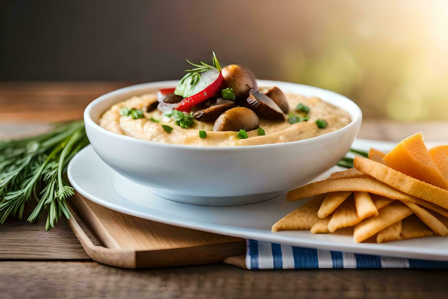 mushroom and cheese dip with crackers on a wooden table. AI-Generated photo