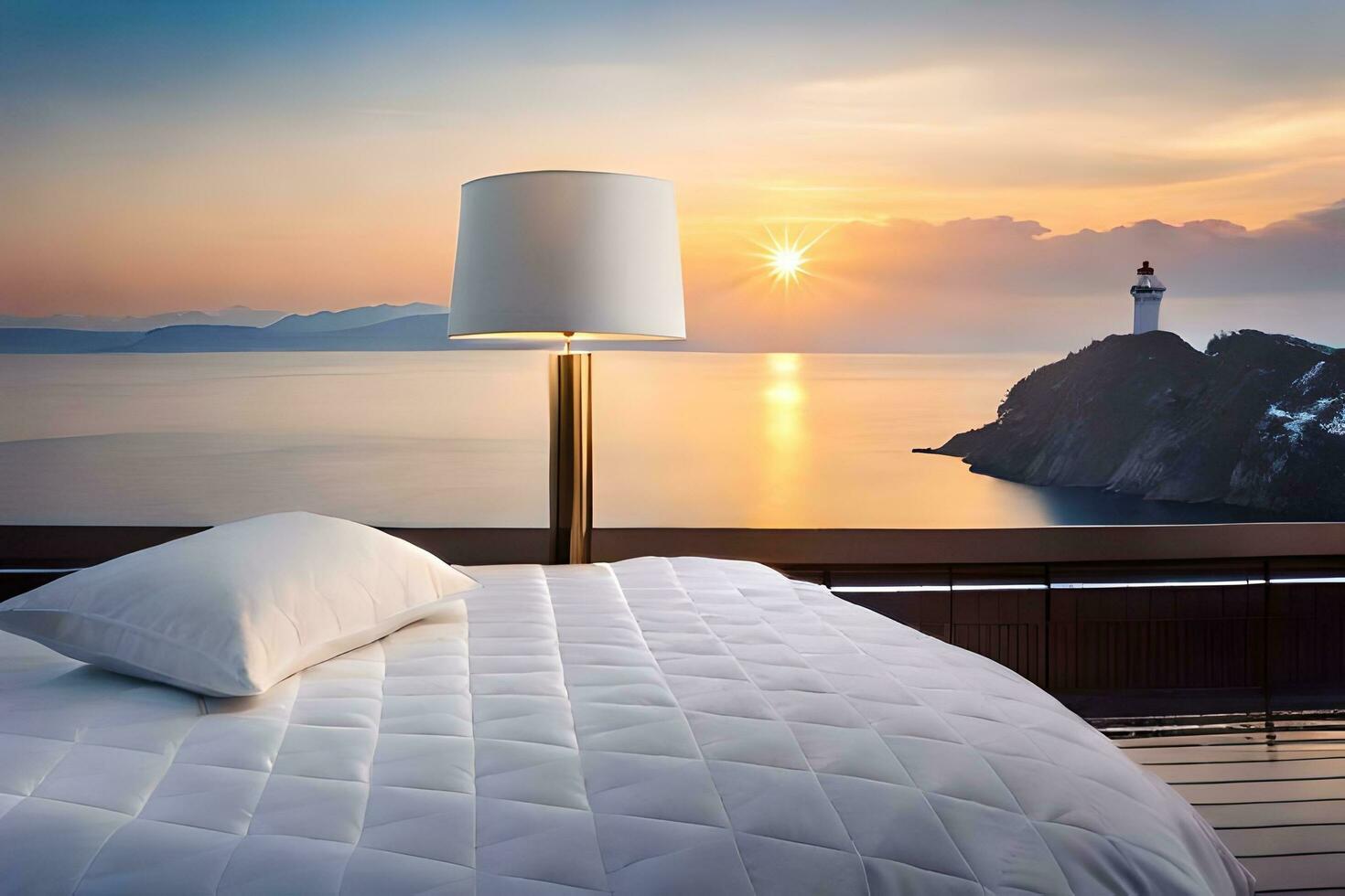a bed with a lamp on top of it overlooking the ocean. AI-Generated photo
