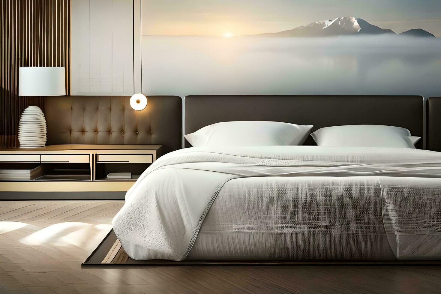 a modern bedroom with a mountain view. AI-Generated photo