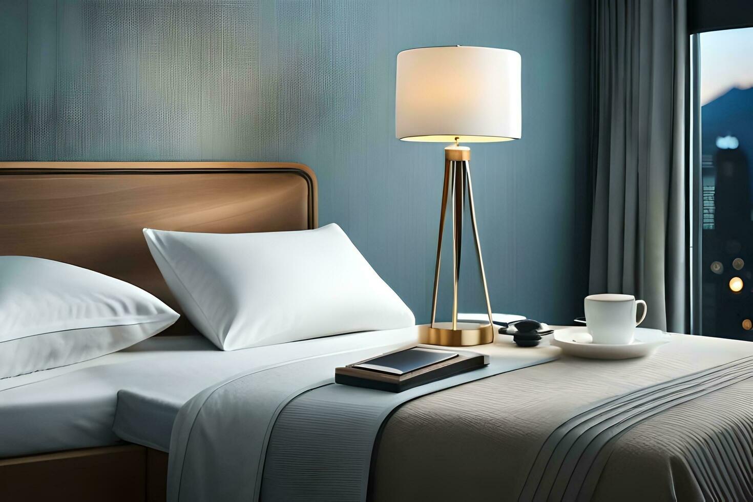 a hotel room with a bed, lamp and coffee. AI-Generated photo