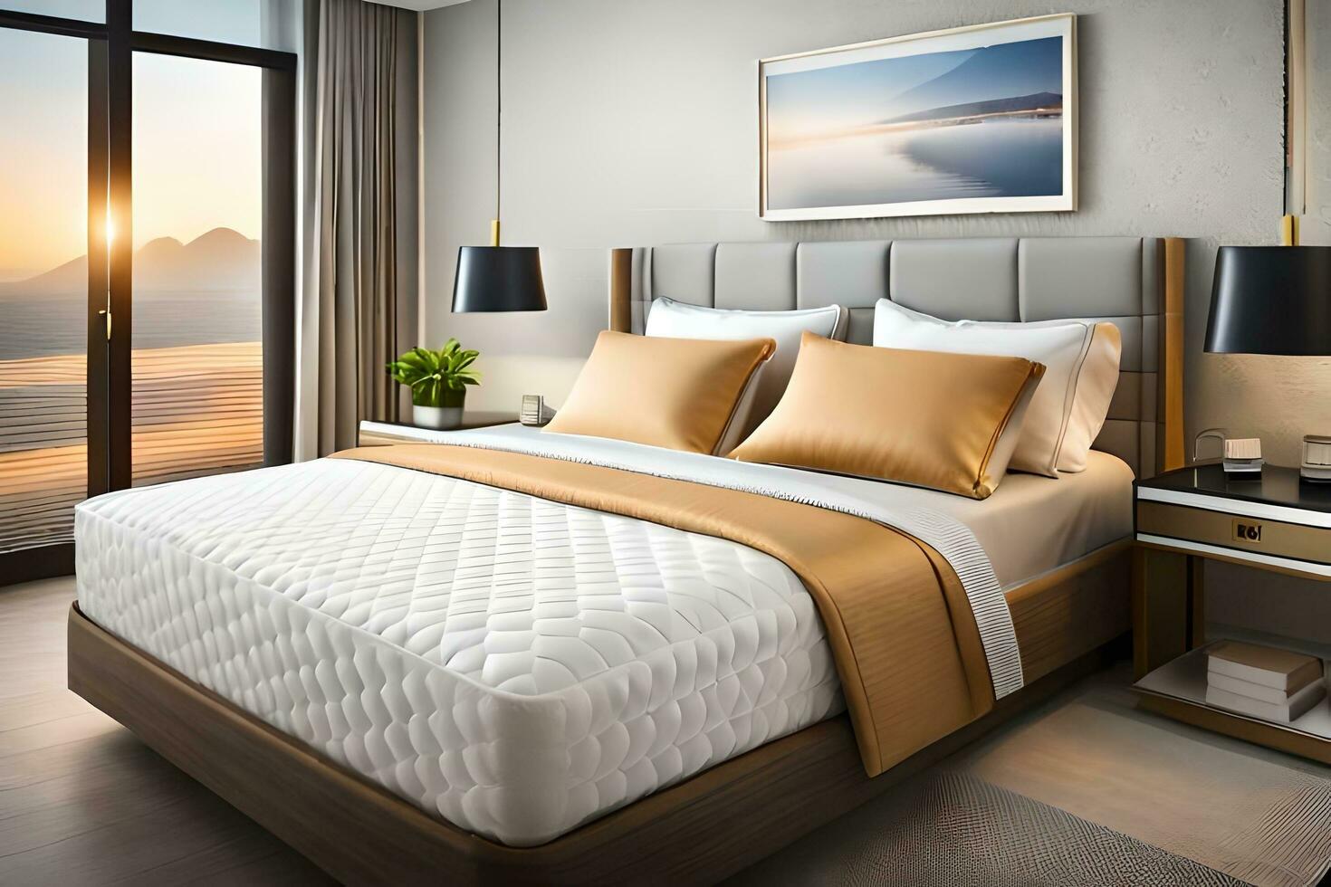 a modern bedroom with a bed and a window. AI-Generated photo