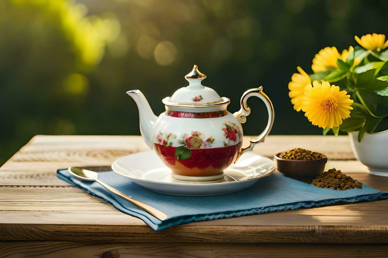 tea pot and flowers on wooden table. AI-Generated photo