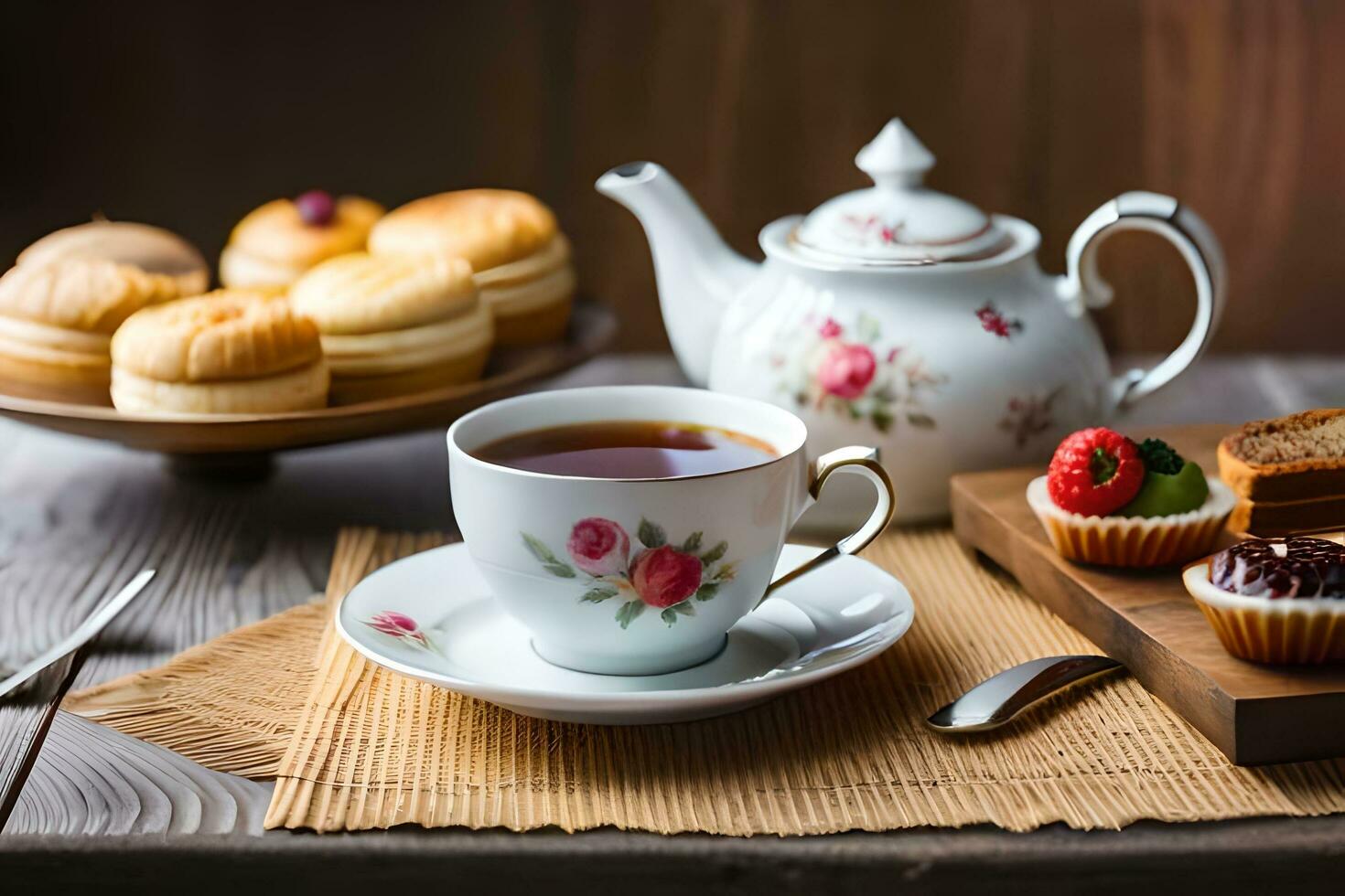 tea and pastries on a wooden table. AI-Generated photo