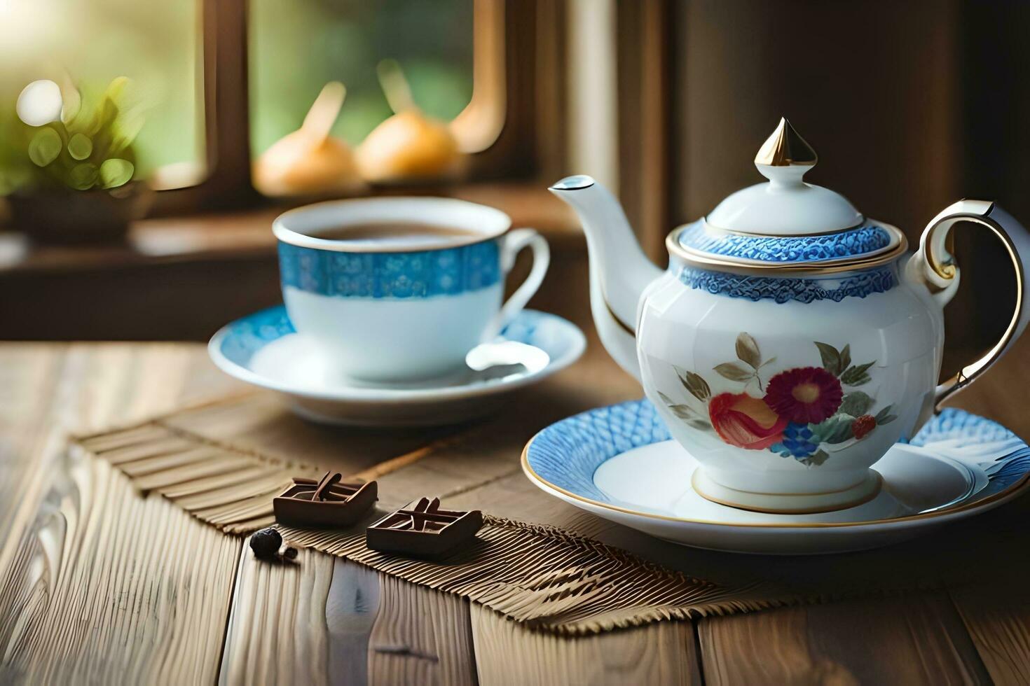 tea and coffee on a wooden table. AI-Generated photo