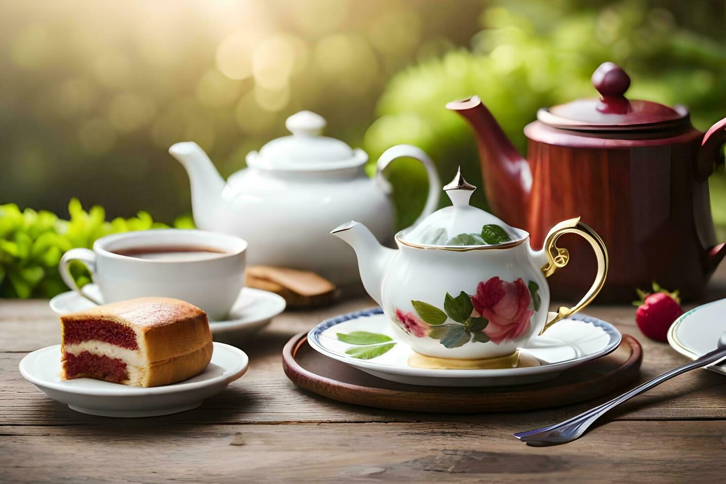 a table with tea and cake on it. AI-Generated photo