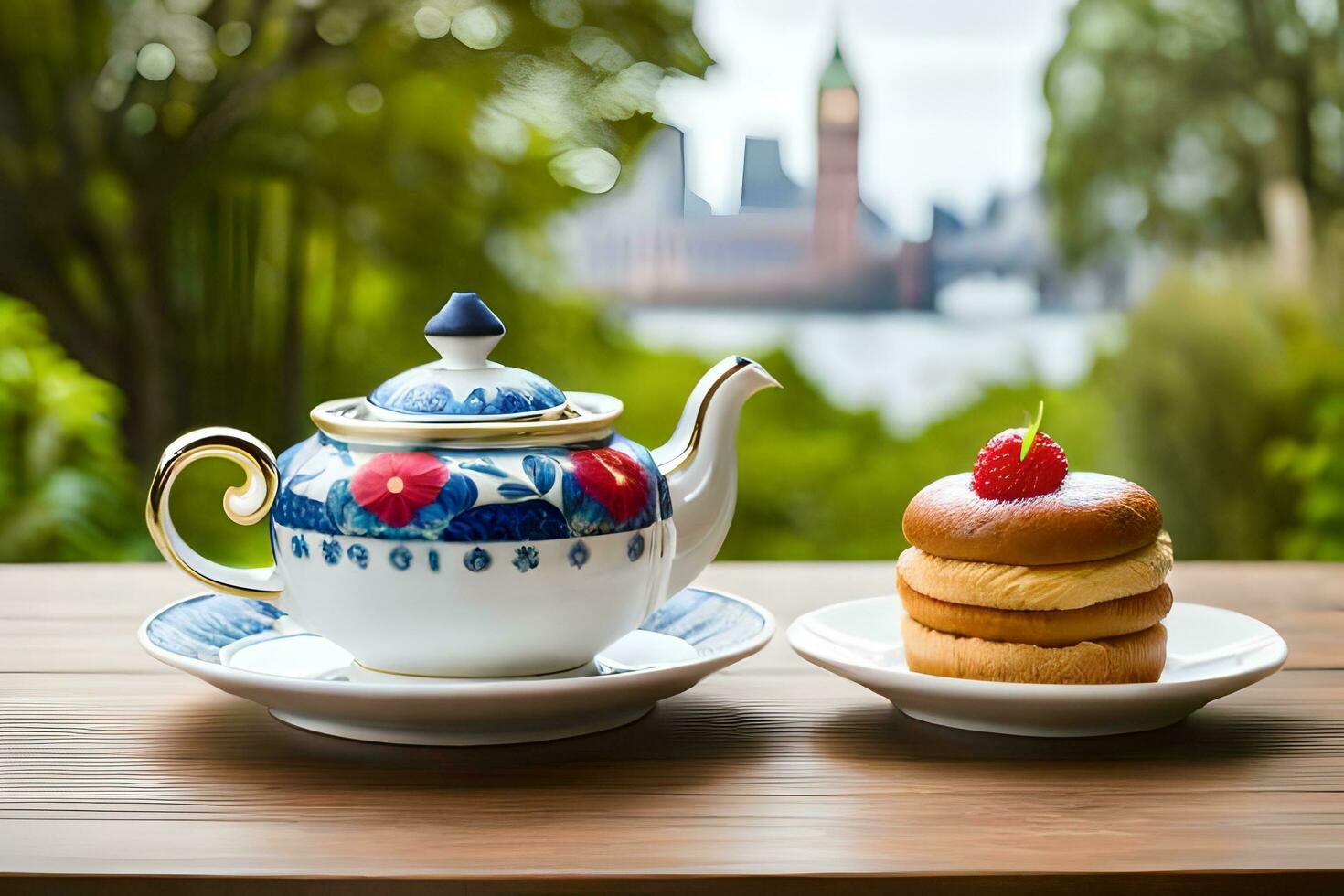 a cup of tea and a plate of donuts on a table with a view of the city. AI-Generated photo