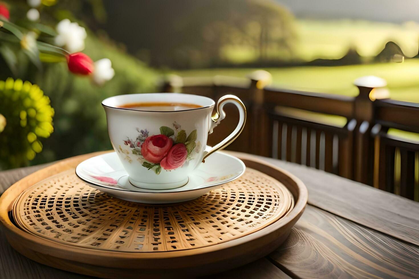 tea cup on a wooden tray with flowers. AI-Generated photo