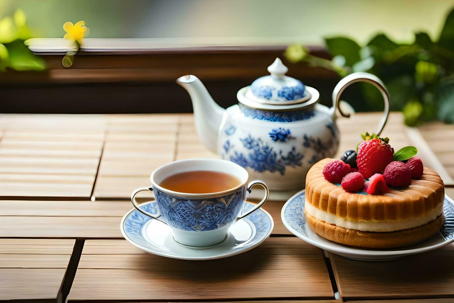 tea and cake on a wooden table. AI-Generated photo