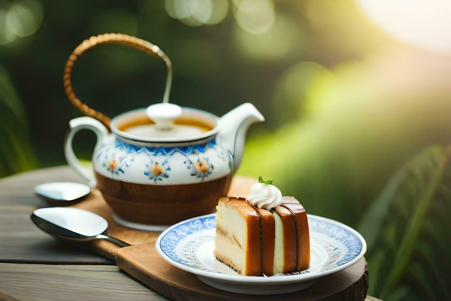 tea pot and cake on wooden table with blurred background. AI-Generated photo