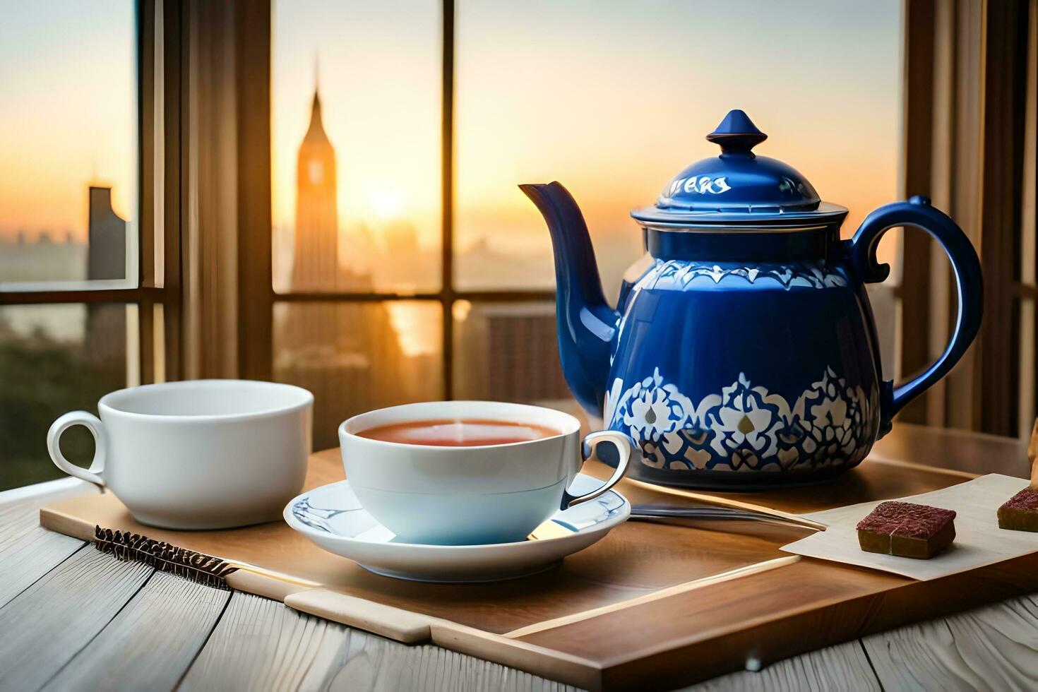 tea and coffee on a wooden table with a view of the city at sunset. AI-Generated photo