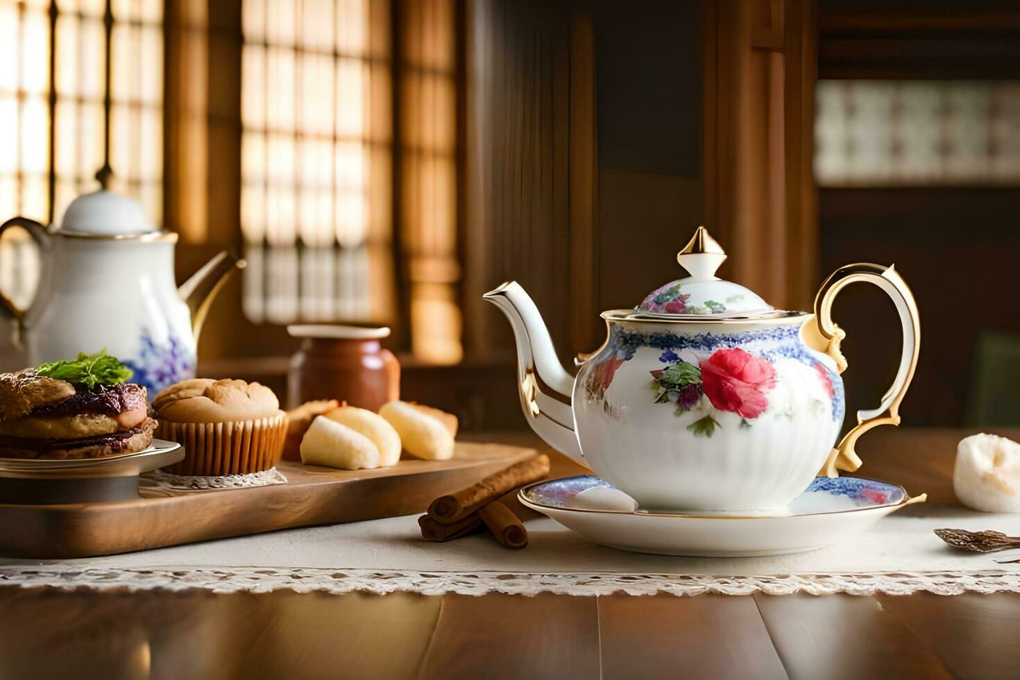 a table with a teapot, cup and muffins. AI-Generated photo