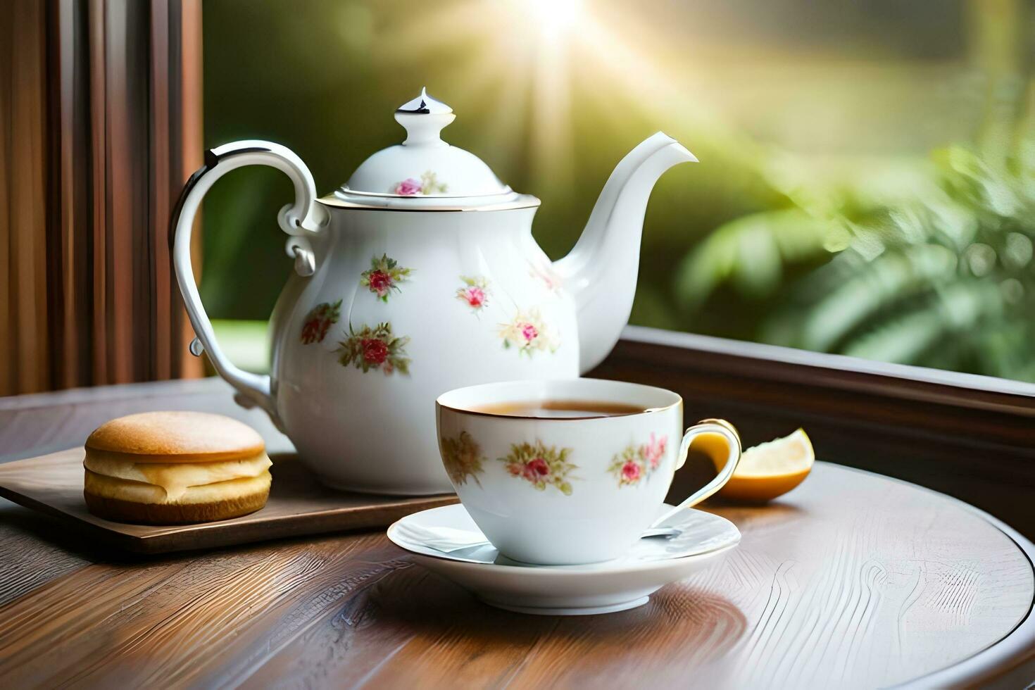 tea pot and cup of tea on wooden table with sunlight. AI-Generated photo