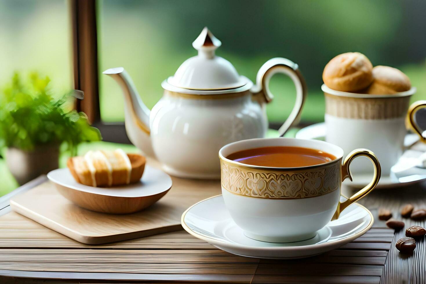 té y galletas en un mesa. generado por ai foto