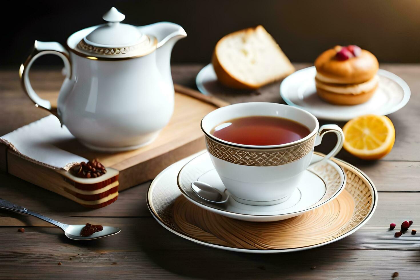 a cup of tea and a plate of cookies on a wooden table. AI-Generated photo