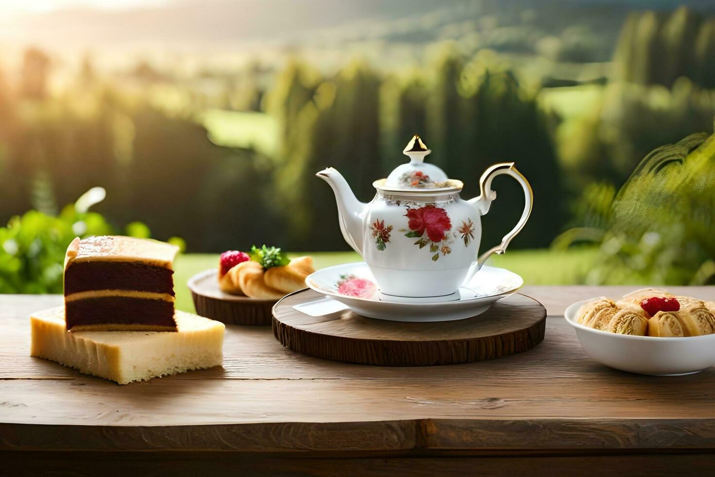 tea and cake on a table in the countryside. AI-Generated photo