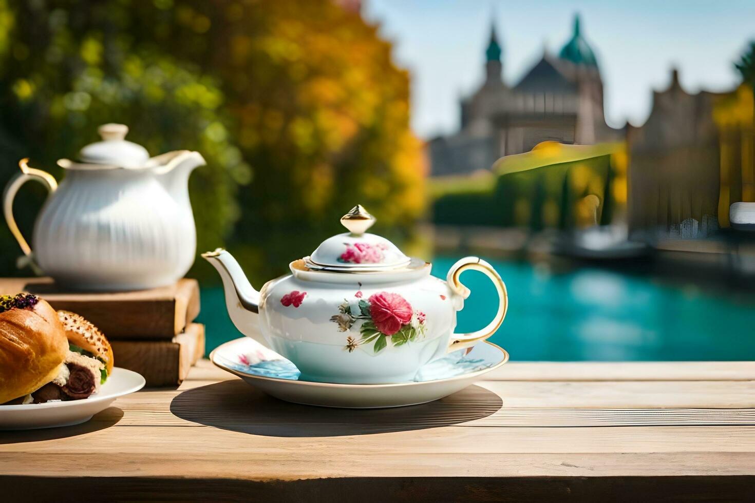tea and croissants on table in front of river. AI-Generated photo