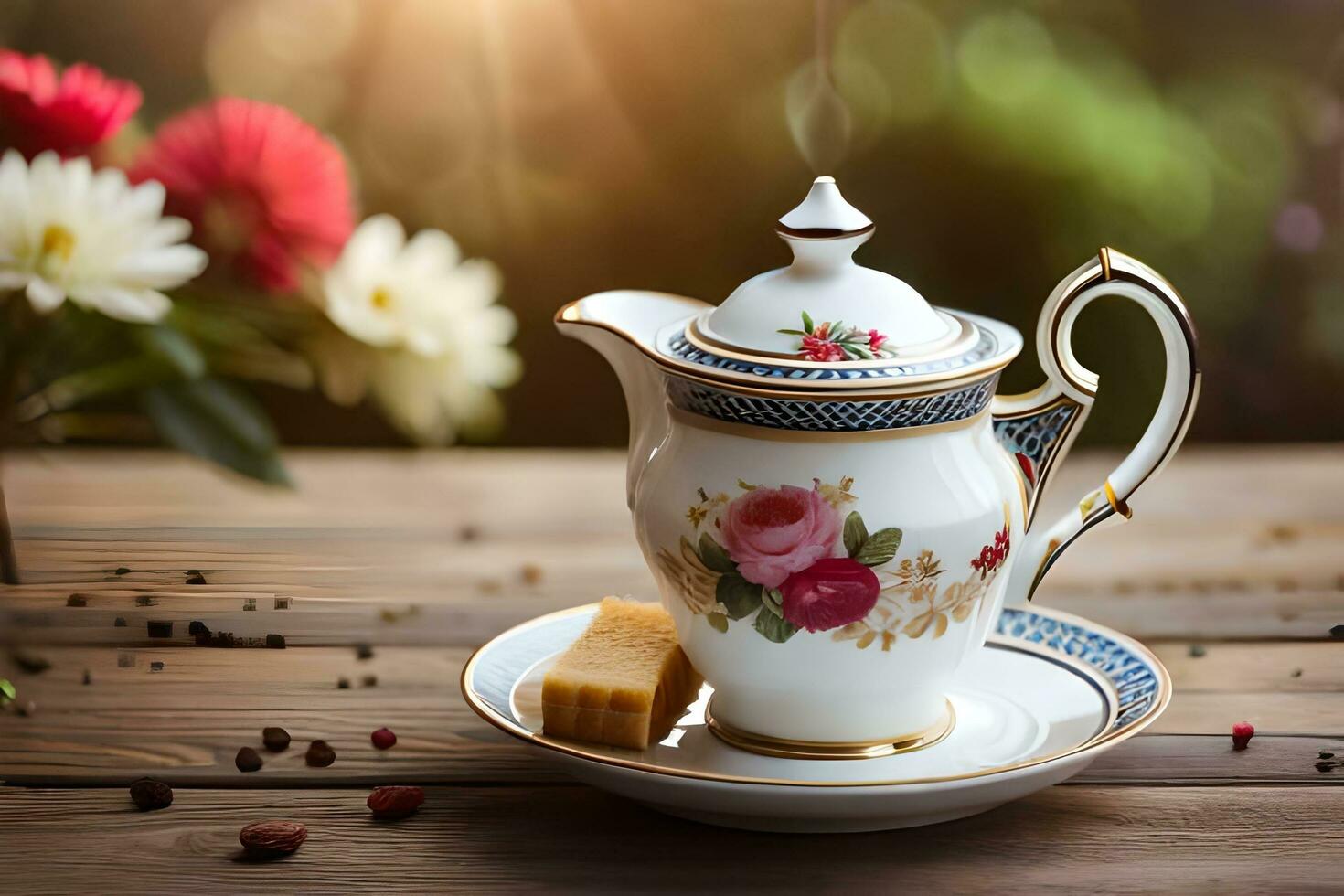 a teapot and saucer on a wooden table with flowers in the background. AI-Generated photo