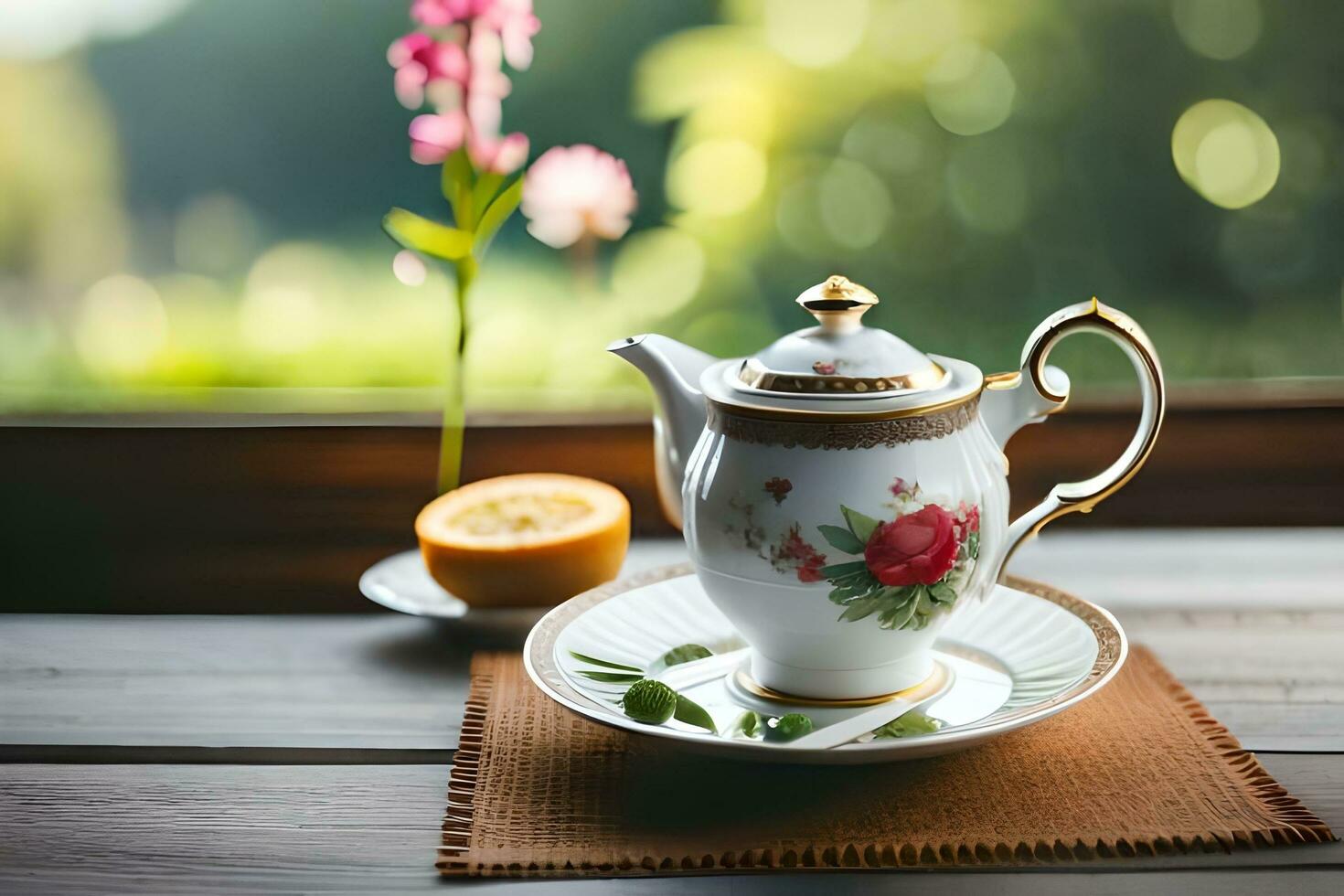 tea pot on a table with a flower in the background. AI-Generated photo