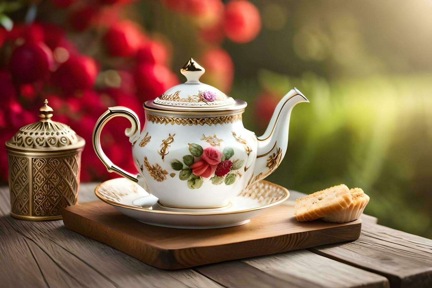 a teapot and a biscuit on a wooden table. AI-Generated photo
