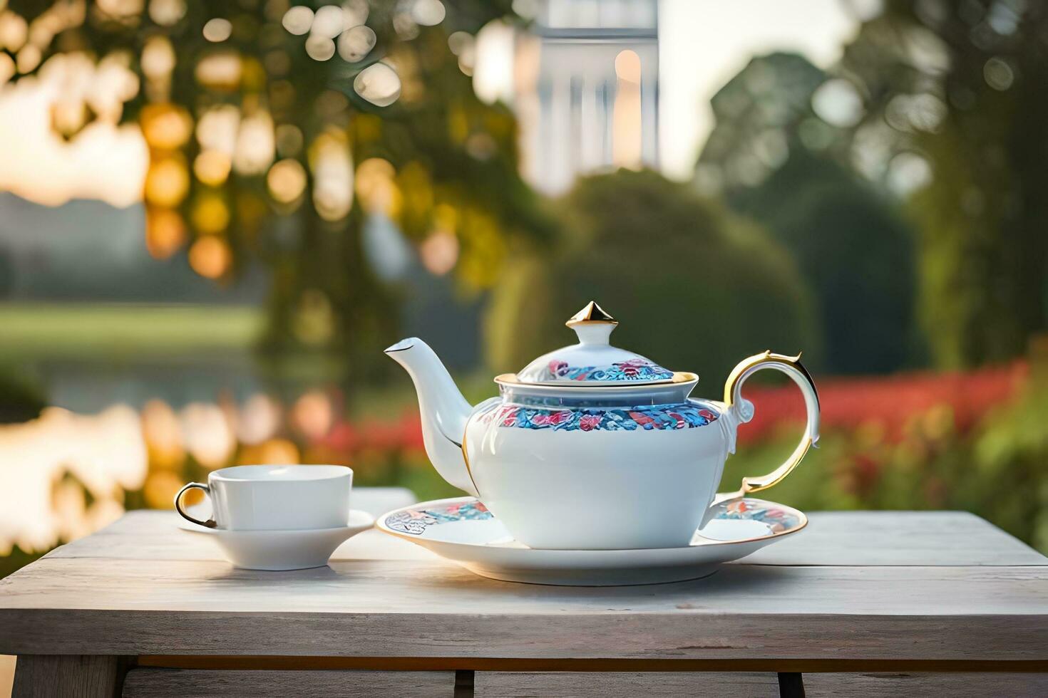 tea and coffee on a table in front of a lake. AI-Generated photo