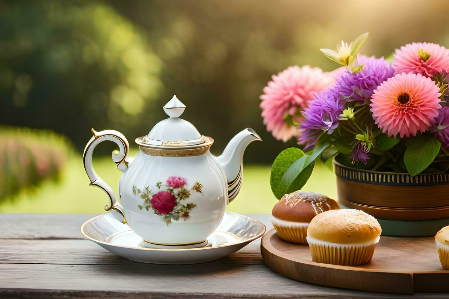 tea pot and cupcakes on a table in the garden. AI-Generated photo