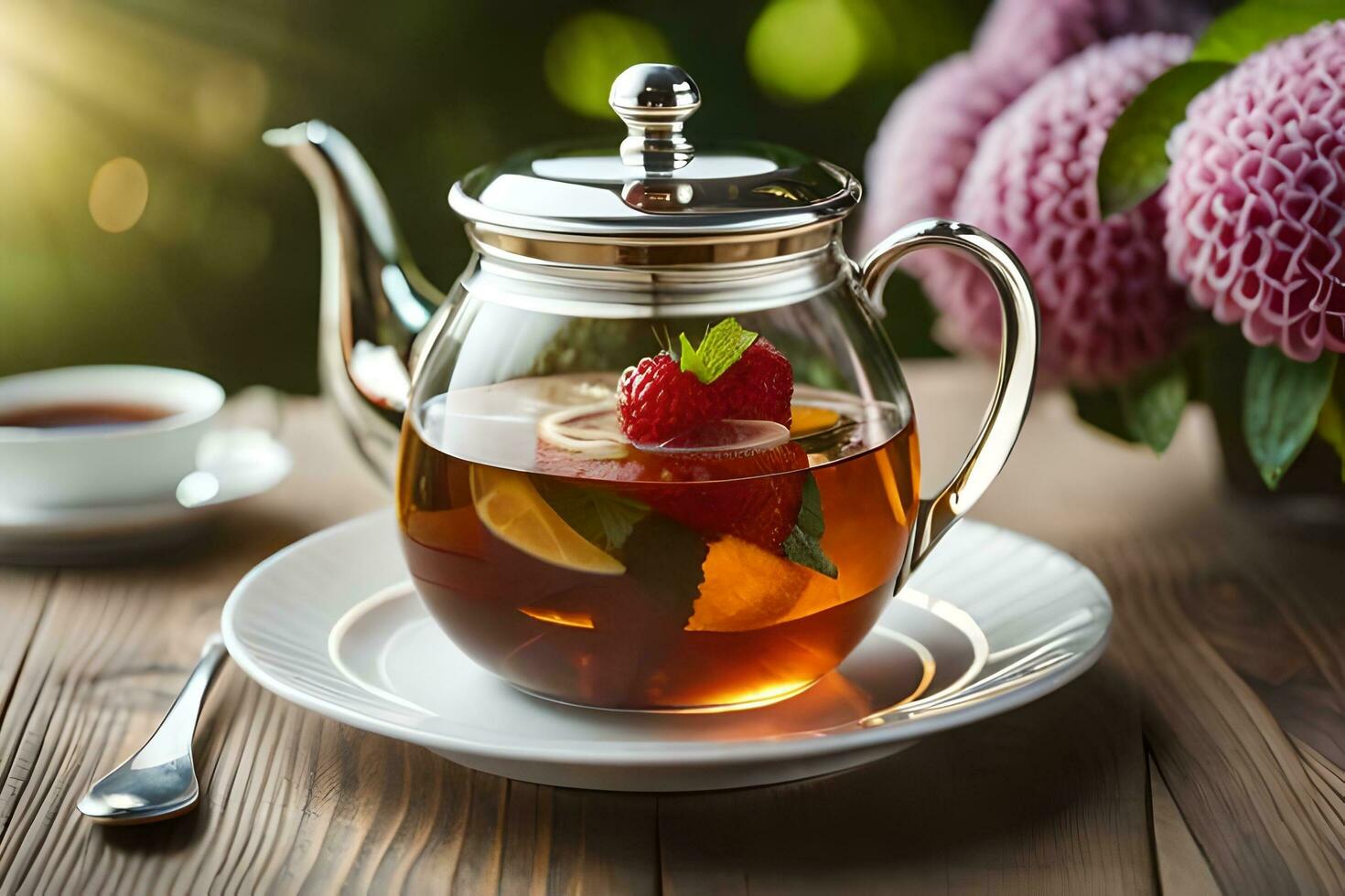 a teapot with a cup of tea and a strawberry. AI-Generated photo