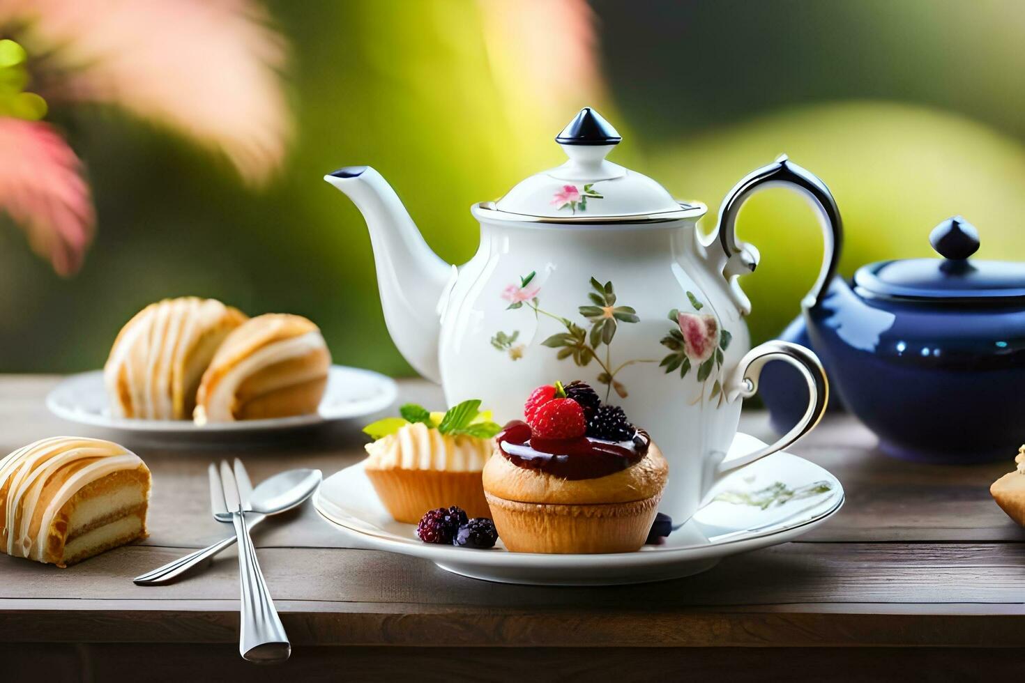 tea and cupcakes on a table with a blue pot. AI-Generated photo