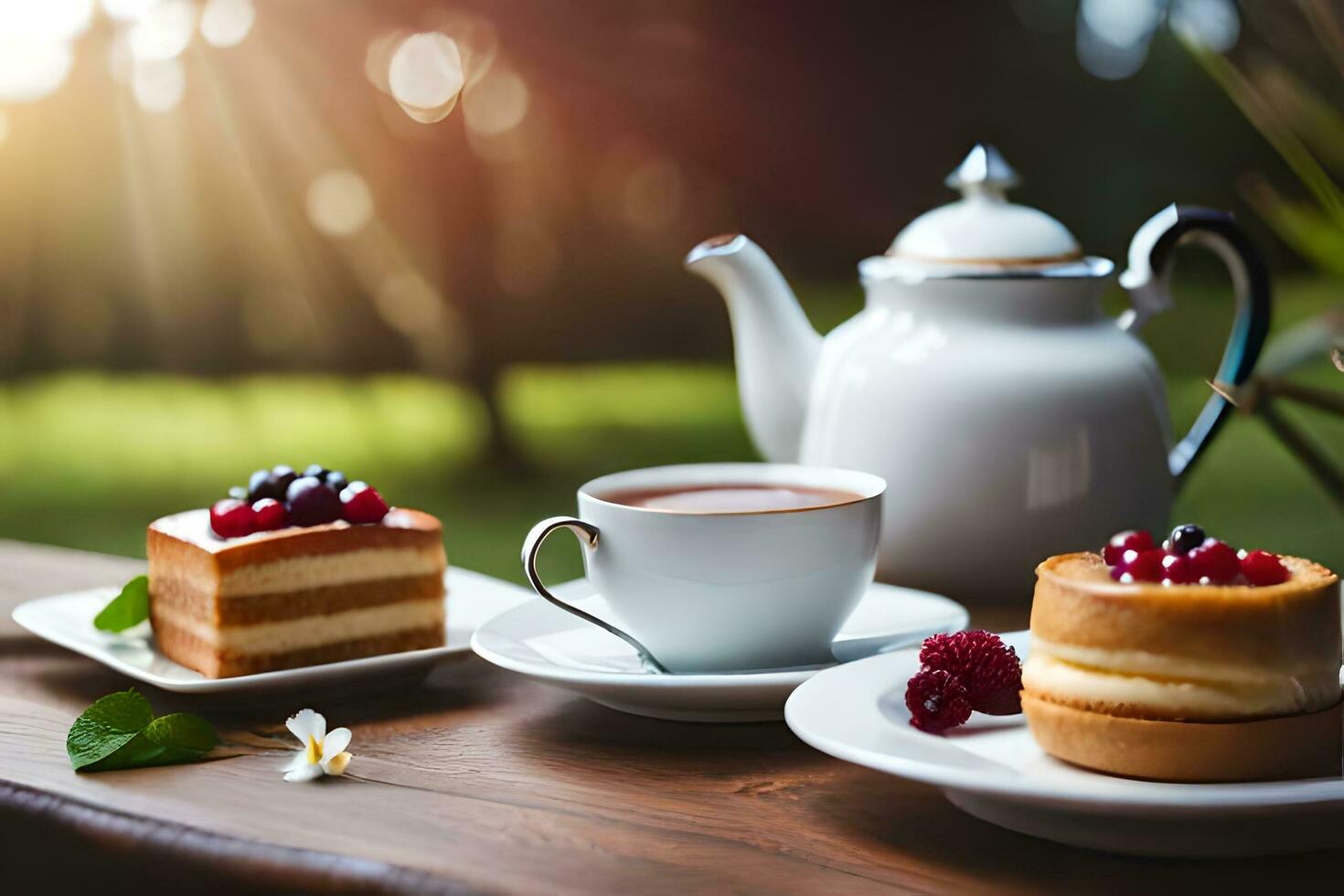 a cup of tea and cake on a table with a cup of coffee. AI-Generated photo