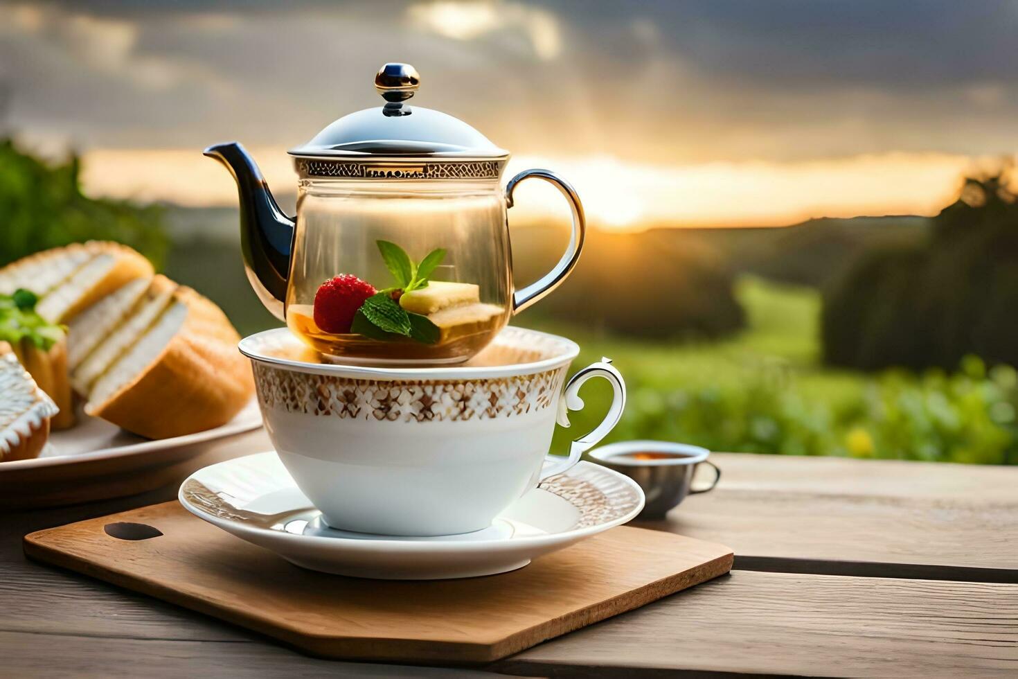 tea and bread on a wooden table with a sunset in the background. AI-Generated photo