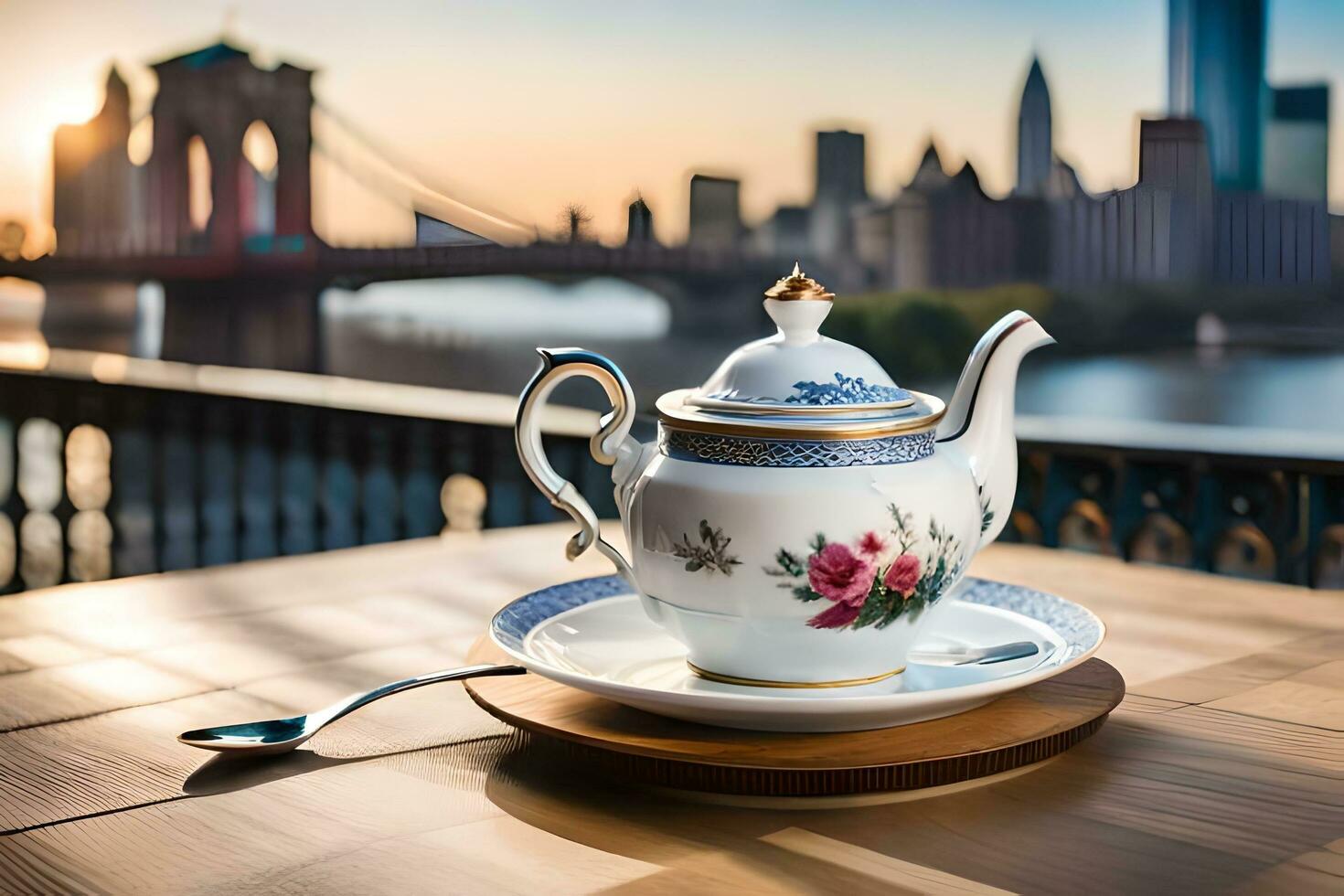 tea pot on table with brooklyn bridge in background. AI-Generated photo