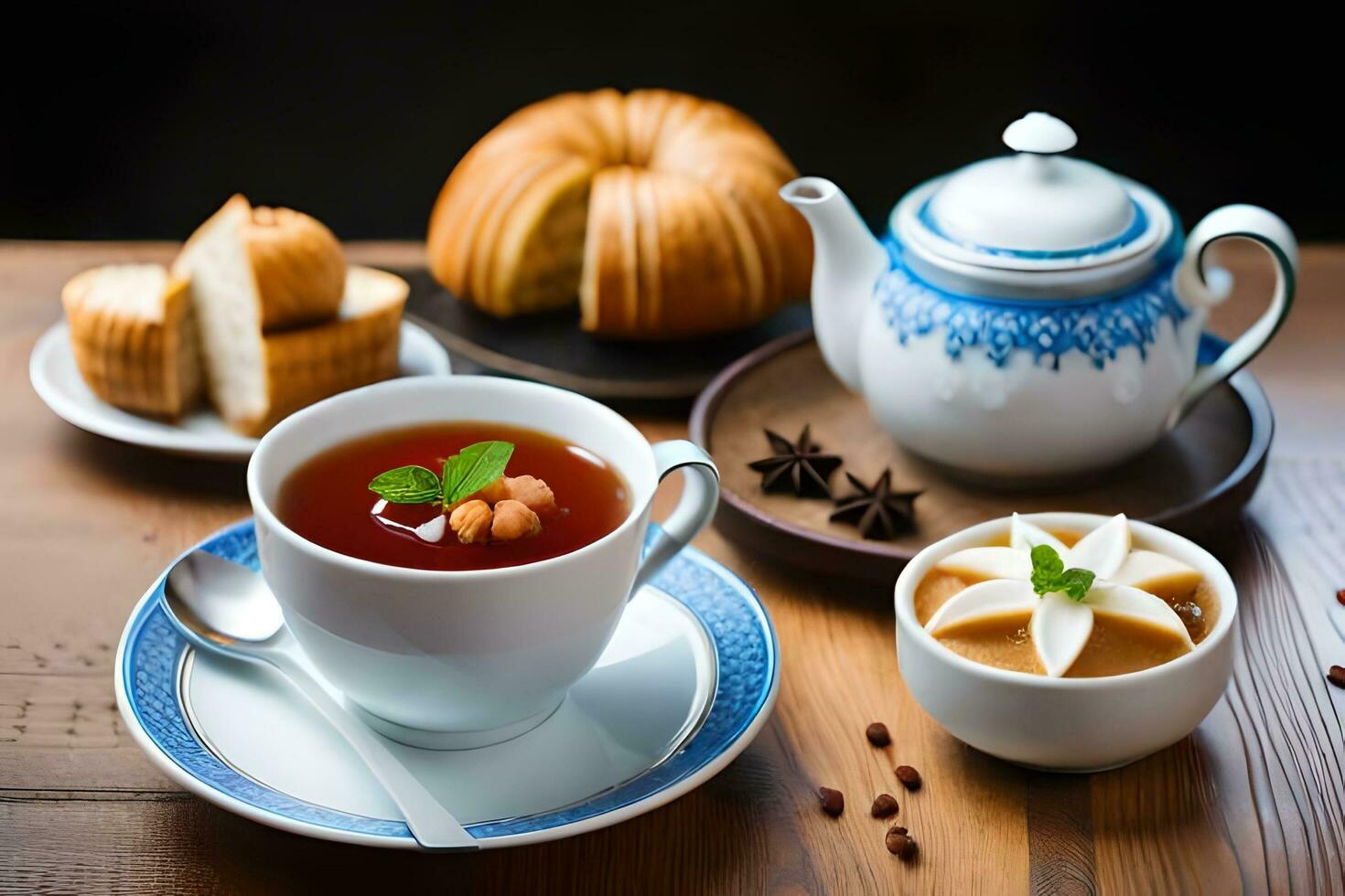 tea and cakes on a wooden table. AI-Generated photo