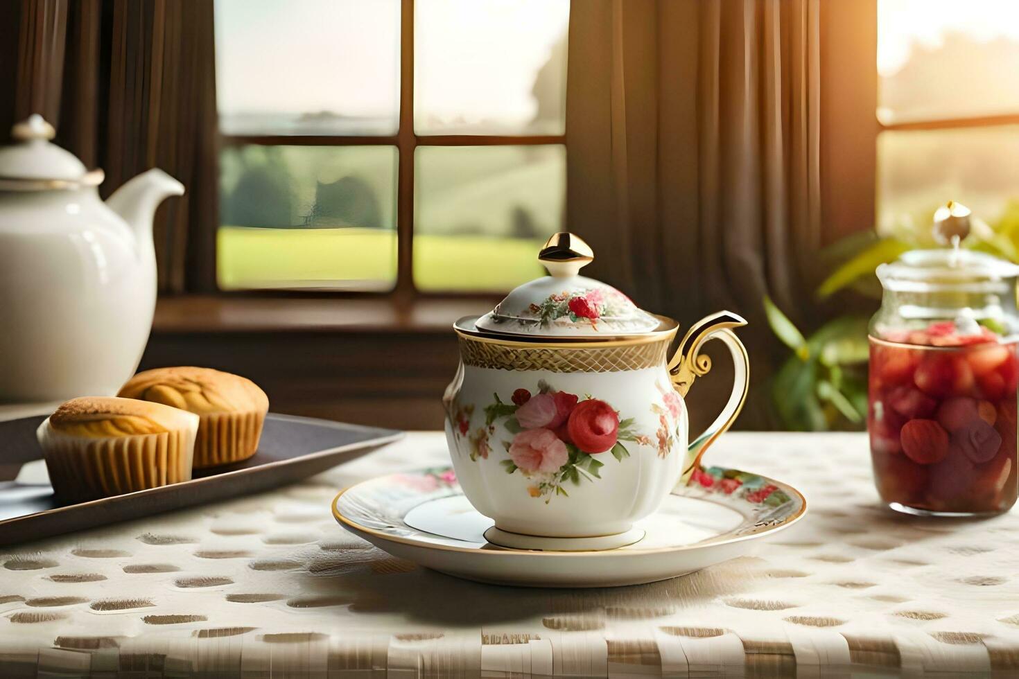 un té taza y platillo en un mesa con un magdalena generado por ai foto