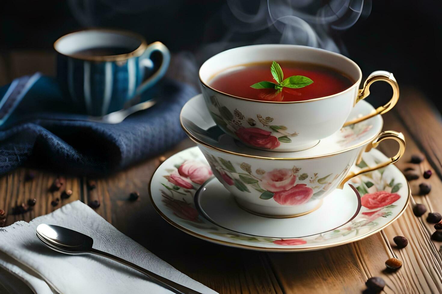 a cup of tea sits on a saucer with a spoon and a cup of coffee. AI-Generated photo