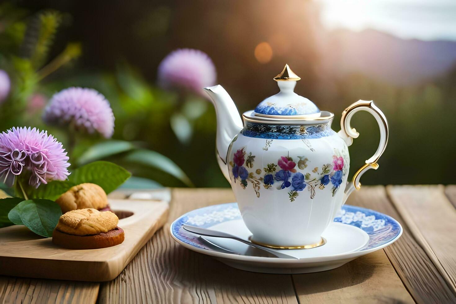 tea pot and cookies on a wooden table with purple flowers. AI-Generated photo