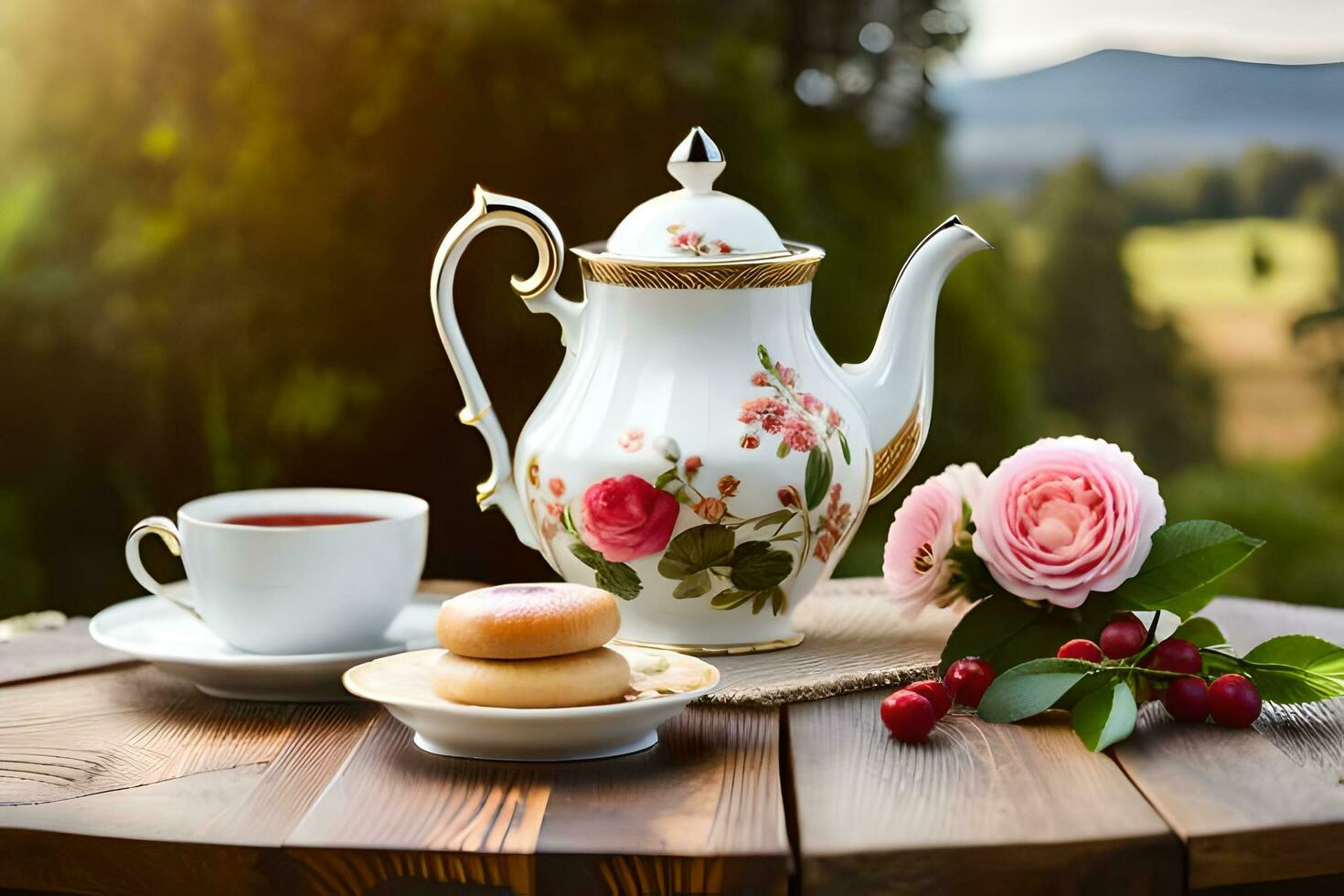 a cup of tea and a donut on a table with a view of the countryside. AI-Generated photo
